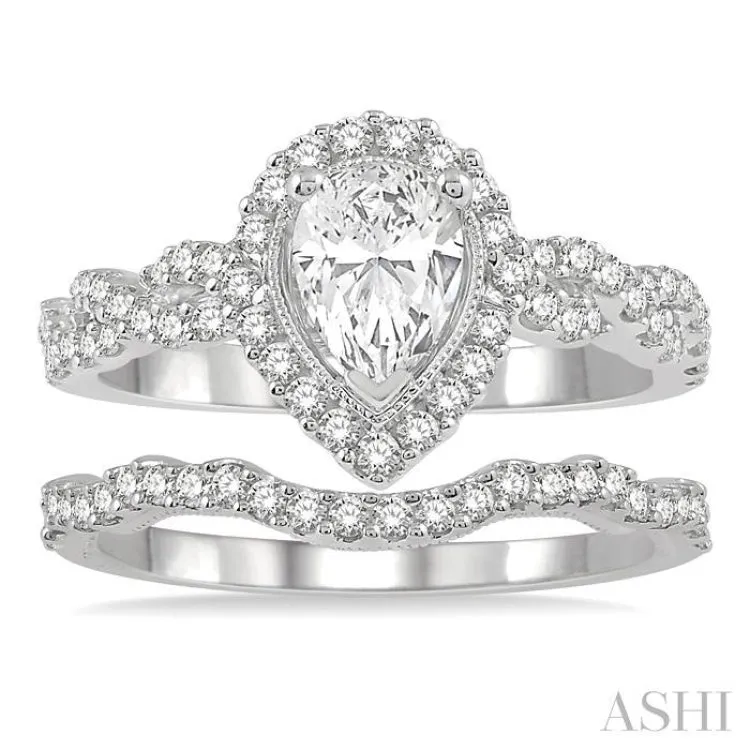 1 Ctw Diamond Wedding Set With 3/4 ctw Round & Pear Cut Engagement Ring and 1/5 ctw Curvy Wedding Band in 14K White Gold