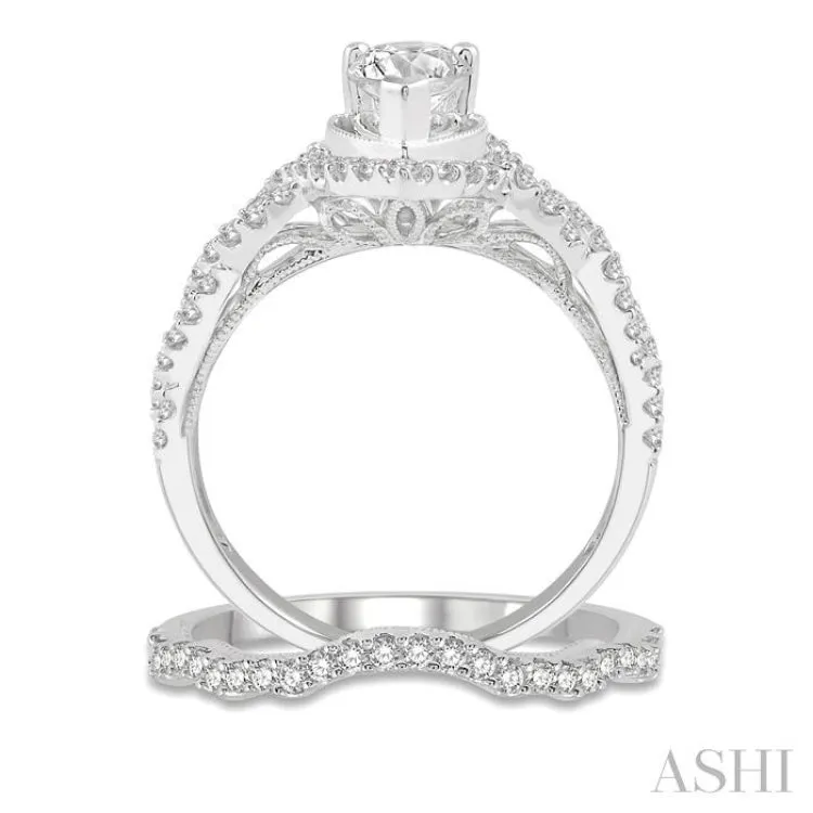 1 Ctw Diamond Wedding Set With 3/4 ctw Round & Pear Cut Engagement Ring and 1/5 ctw Curvy Wedding Band in 14K White Gold