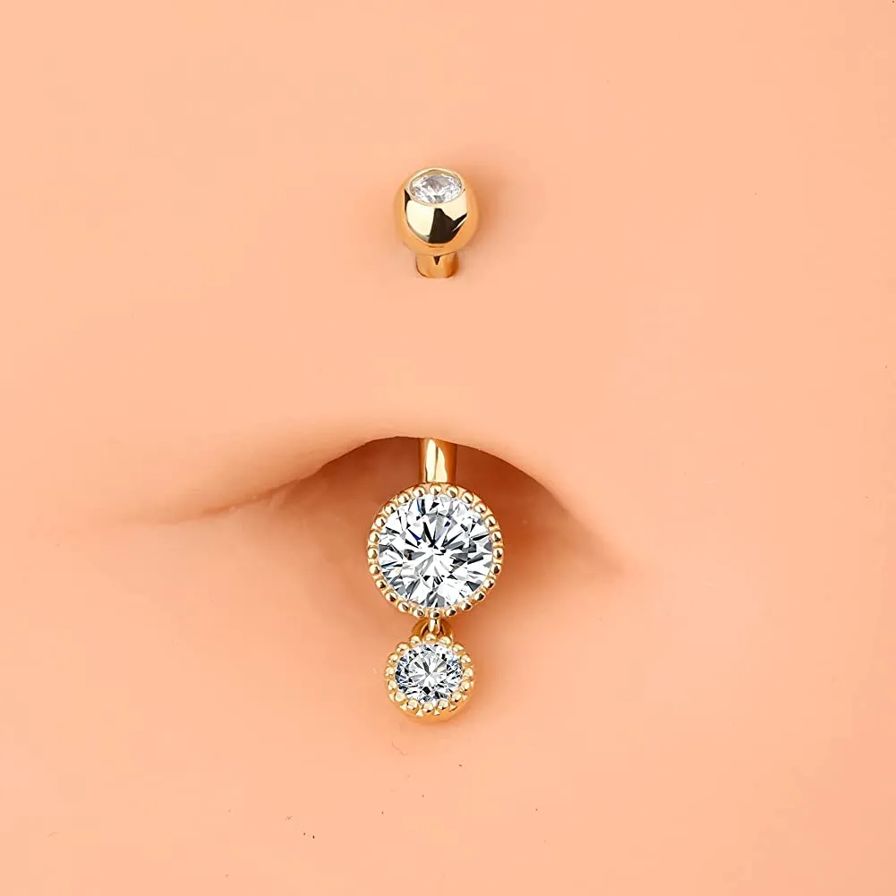 14K Gold 14G Round CZ Dangle Belly Ring