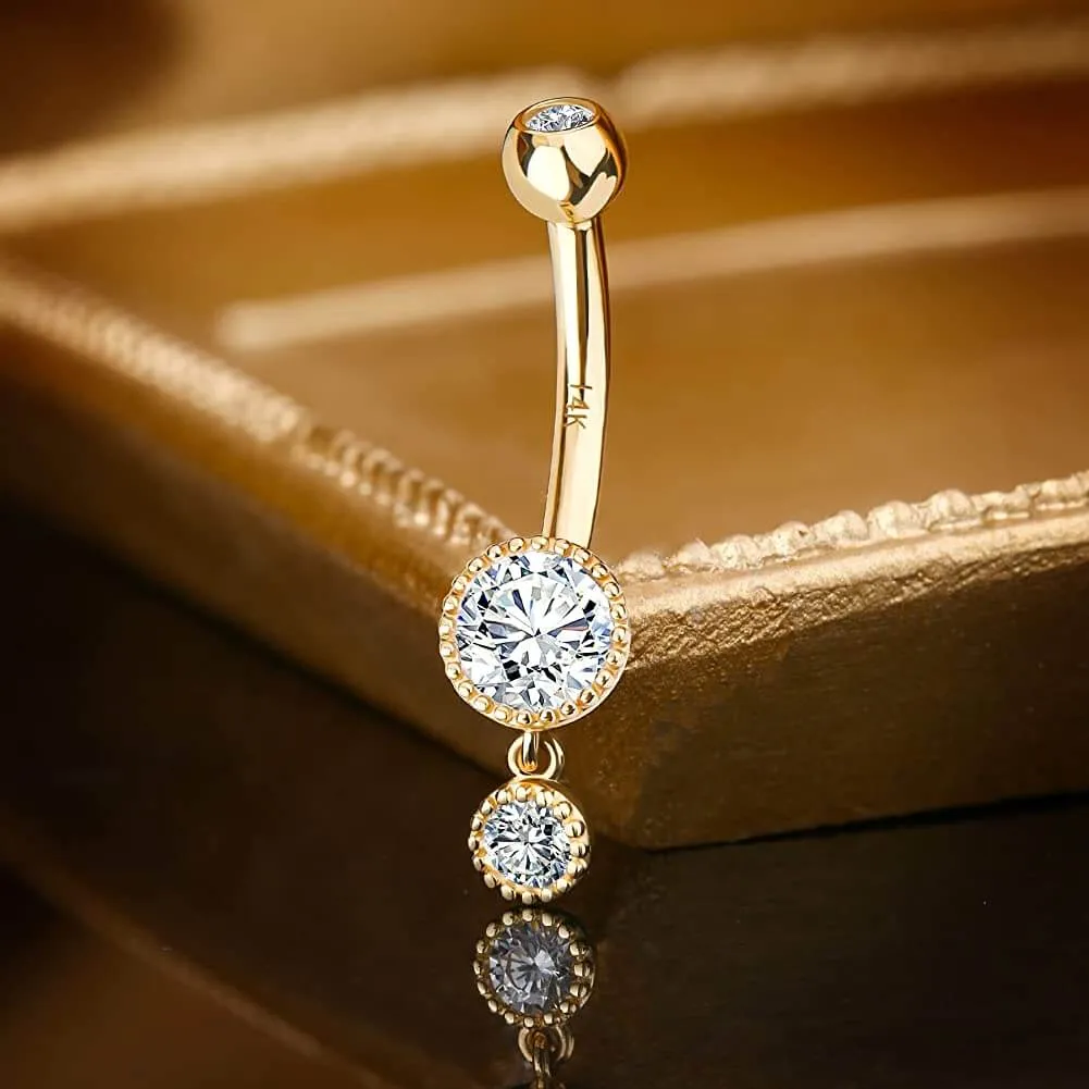 14K Gold 14G Round CZ Dangle Belly Ring