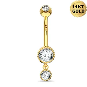 14K Gold 14G Round CZ Dangle Belly Ring