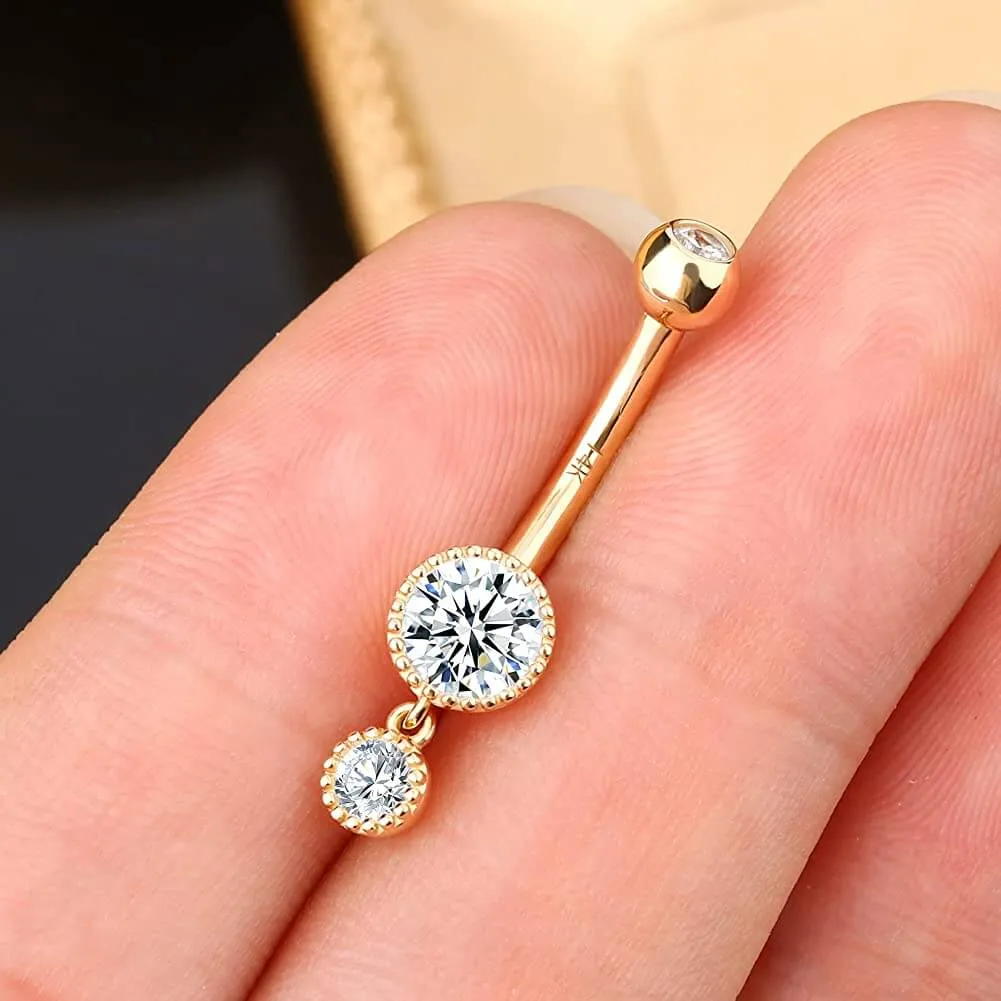 14K Gold 14G Round CZ Dangle Belly Ring