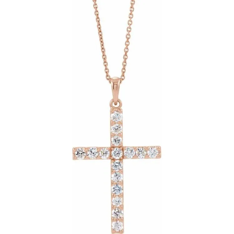 14K Rose 1 3/8 CTW Natural Diamond Cross 18" Necklace