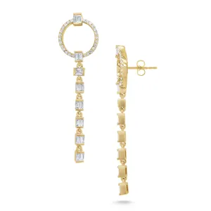 14k Yellow Gold Diamond Circle & Baguette Drop Dangle Earrings (I8281)