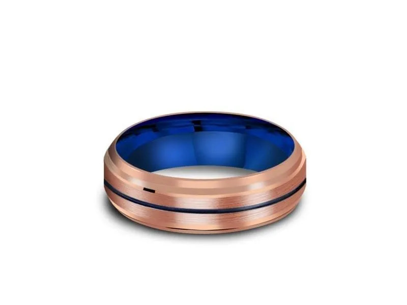 6MM Rose Gold Tungsten Wedding Band BLUE CENTER AND BLUE INTERIOR