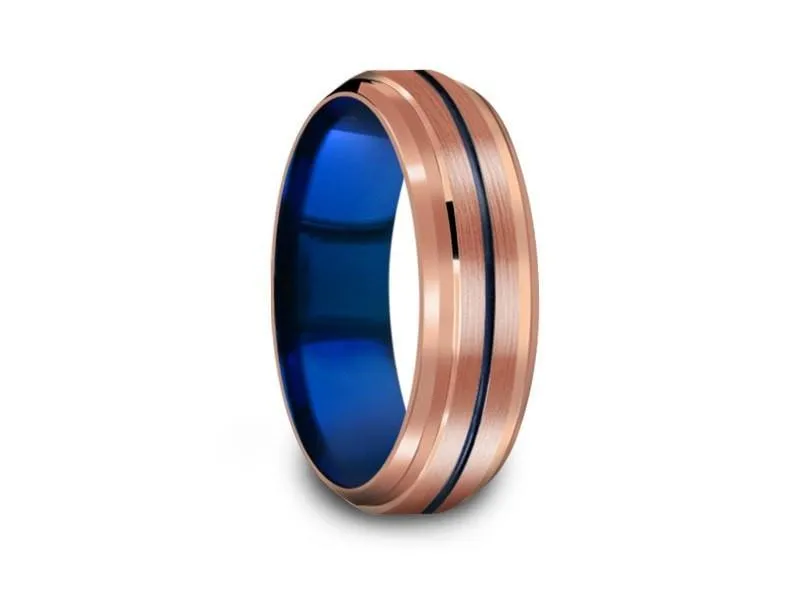 6MM Rose Gold Tungsten Wedding Band BLUE CENTER AND BLUE INTERIOR