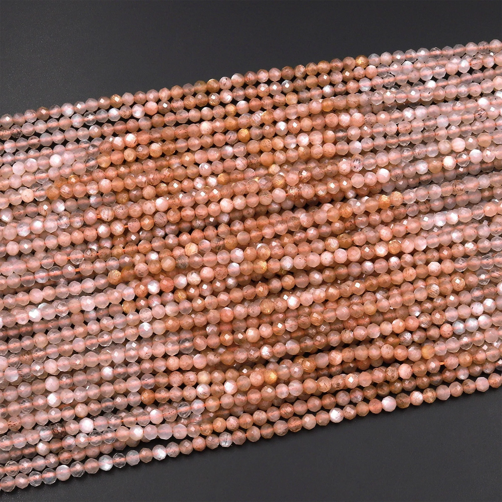 AAA Faceted Natural Silvery Peach Moonstone Round Beads 3mm 15.5" Strand