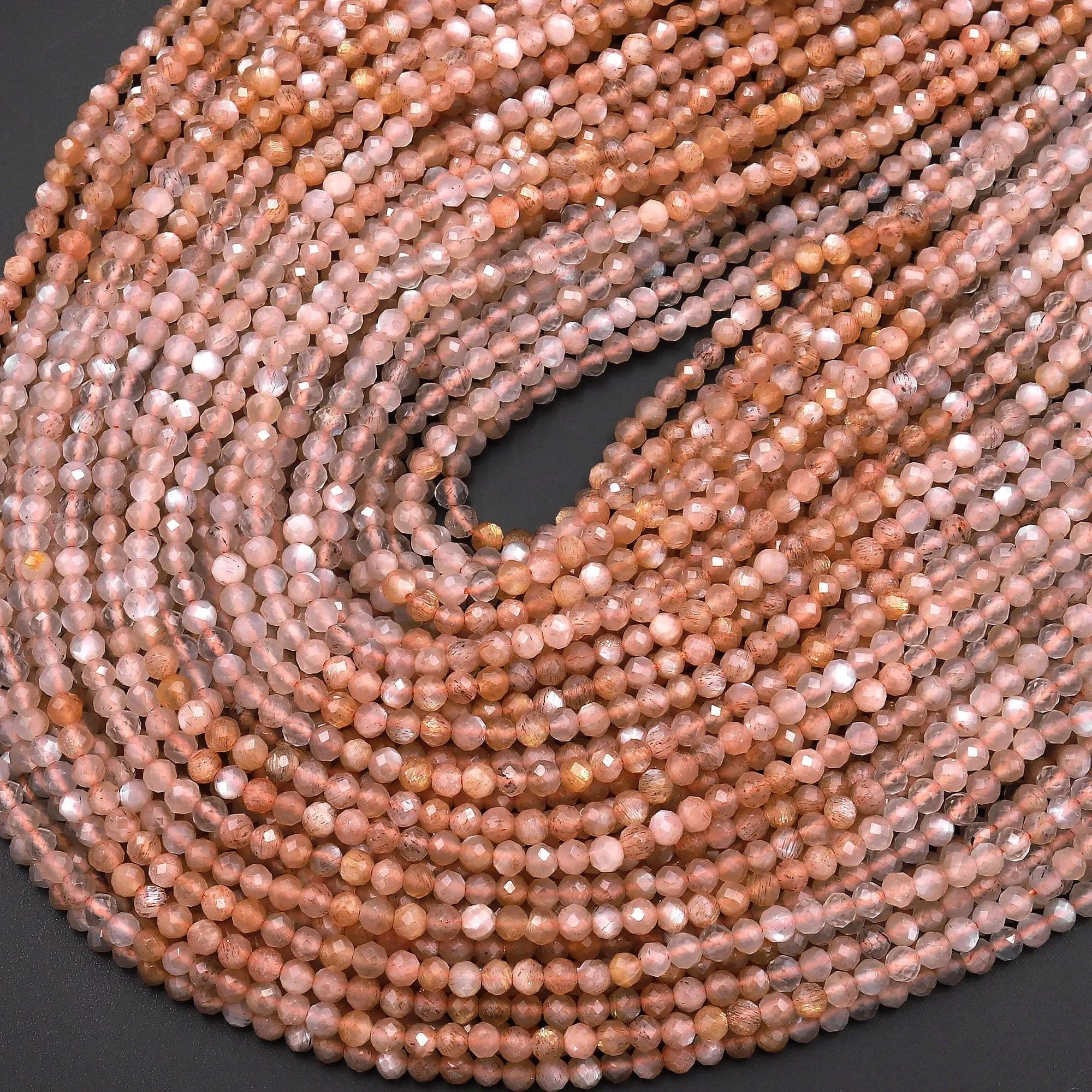 AAA Faceted Natural Silvery Peach Moonstone Round Beads 3mm 15.5" Strand