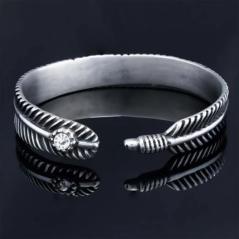 Angle Feather Gem Stainless Steel Open Bracelet