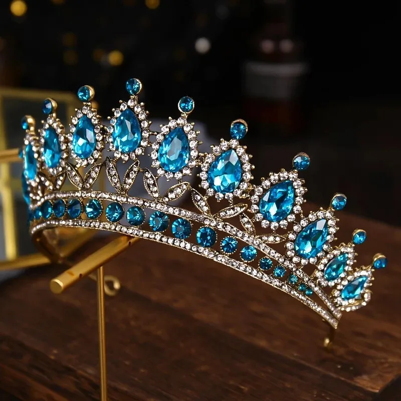 Aqua Blue Crystal Crown Vintage Silver Princess Tiara Detail Princess Queen diadem hair jewelry