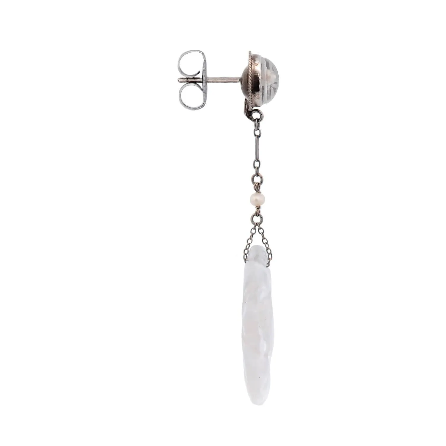 Art Deco 14k/Sterling Silver Carved Rock Quartz Crystal and Pearl Drop Earrings