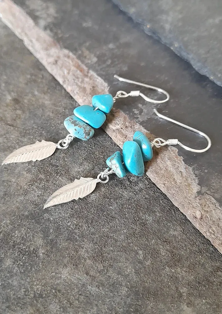 Blue Lily 35mm Turquoise Gem Stone & Silver Feather Drop Earrings - SE501B