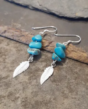 Blue Lily 35mm Turquoise Gem Stone & Silver Feather Drop Earrings - SE501B