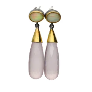 Bora Jewelry of Brooklyn sterling Silver & Bronze Drop Earrings w/Oval Opals & Teardrop Rose Quartz