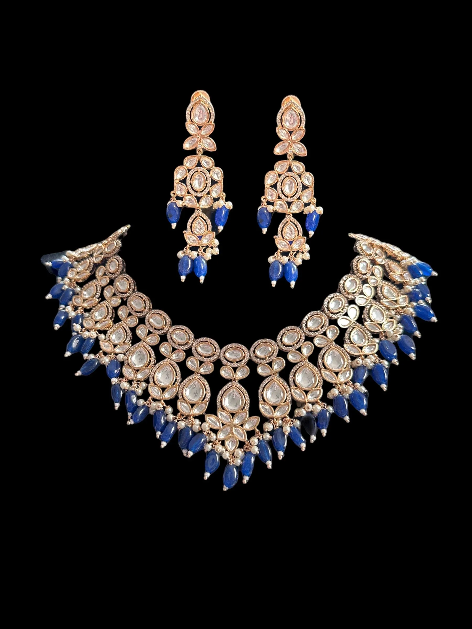 BR316 Bridal Polki necklace in blue beads ( READY TO SHIP )