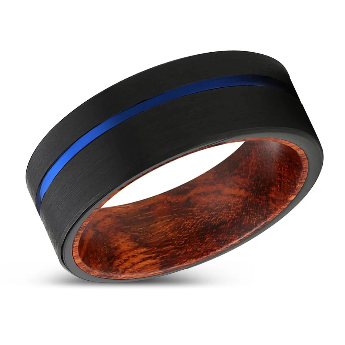 BRUSCHI | Snake Wood, Black Tungsten Ring, Blue Offset Groove, Flat