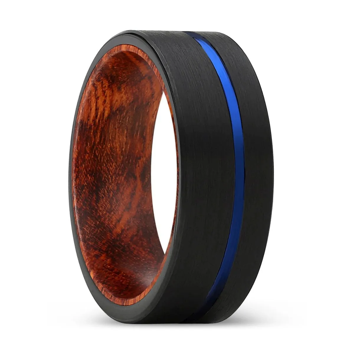 BRUSCHI | Snake Wood, Black Tungsten Ring, Blue Offset Groove, Flat