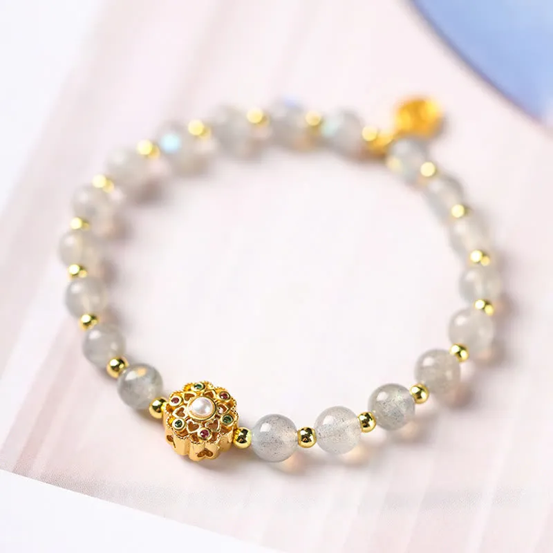 Buddha Stones 14K Gold Plated Natural Strawberry Quartz Labradorite Sun Stone Fu Character Positive Charm Bracelet