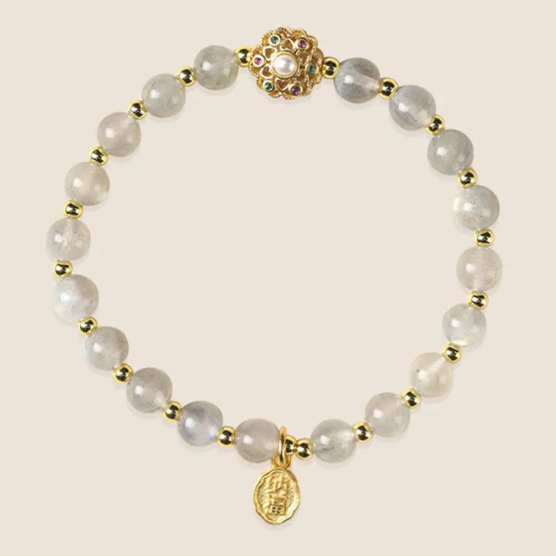 Buddha Stones 14K Gold Plated Natural Strawberry Quartz Labradorite Sun Stone Fu Character Positive Charm Bracelet