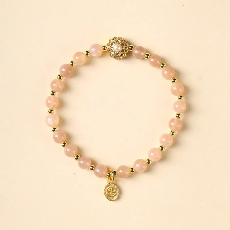 Buddha Stones 14K Gold Plated Natural Strawberry Quartz Labradorite Sun Stone Fu Character Positive Charm Bracelet