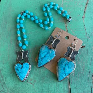 Butterfly Turquoise Heart Necklace or Earrings