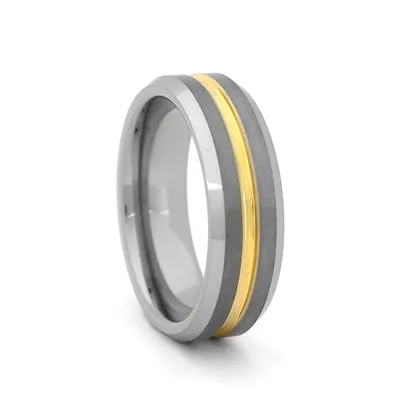 Comfort Fit Two Tone 7mm Tungsten Carbide Wedding Band with Gold Color PVD Plated Groove