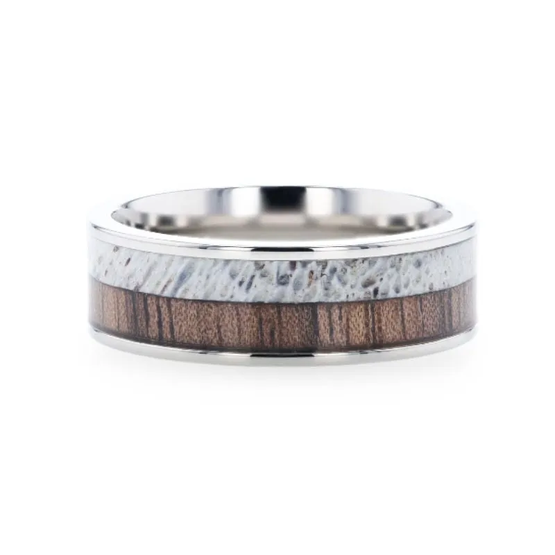 DARBY | Silver Titanium Ring, Deer Antler and Black Walnut Wood Inlay, Flat