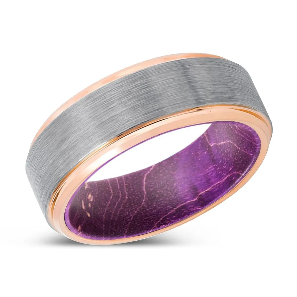 DAVER | Purple Wood, Silver Tungsten Ring, Brushed, Rose Gold Stepped Edge