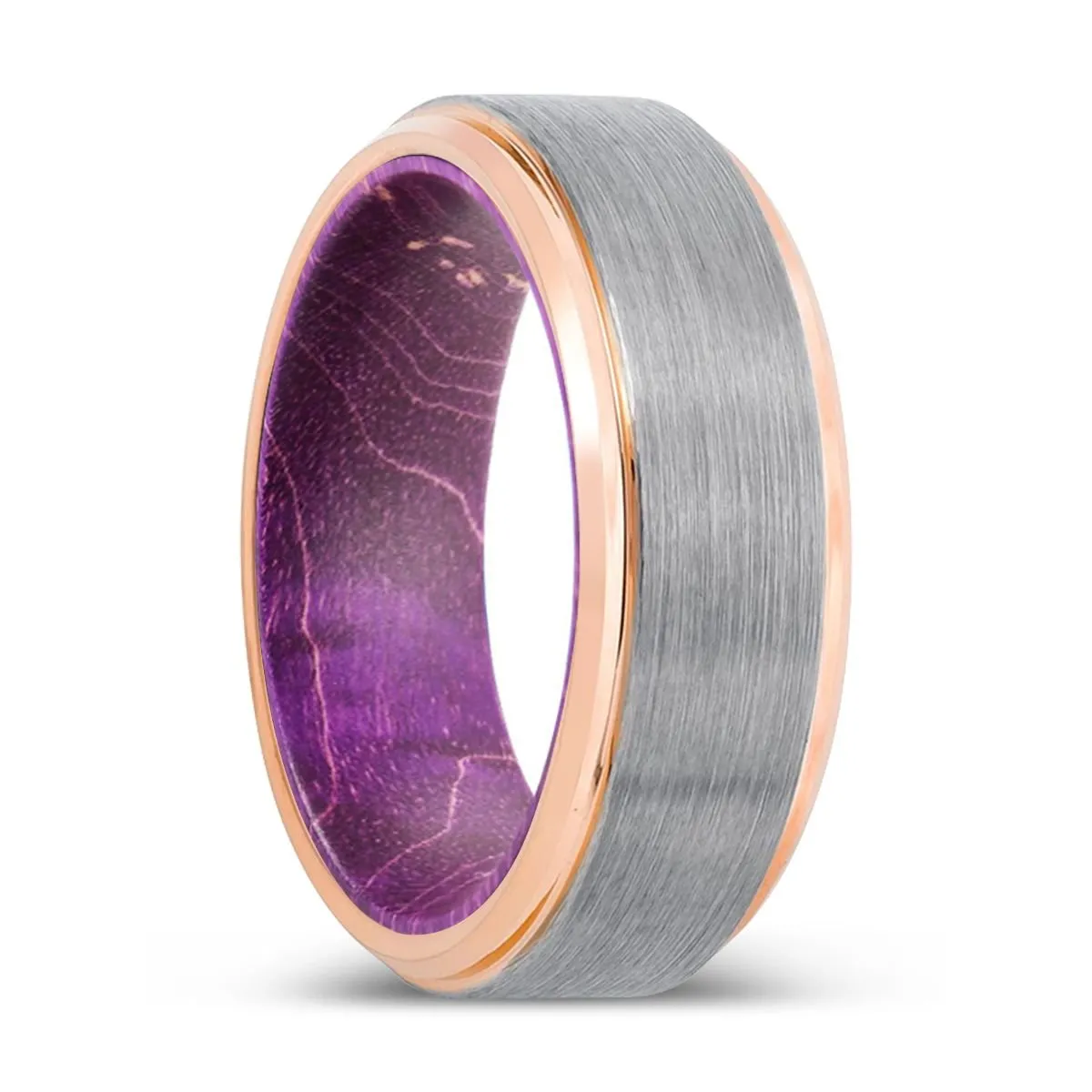 DAVER | Purple Wood, Silver Tungsten Ring, Brushed, Rose Gold Stepped Edge