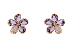 Earrings 18kt Gold Quartz & Amethysts Flowers