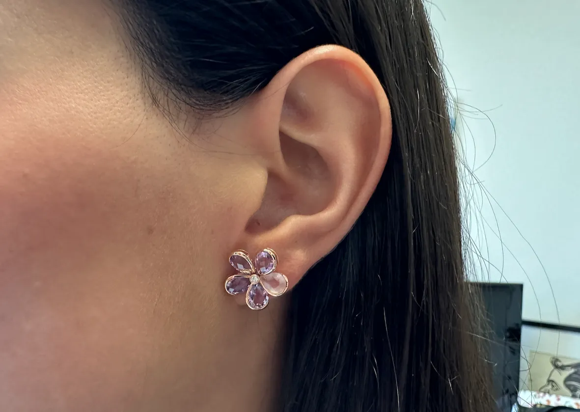 Earrings 18kt Gold Quartz & Amethysts Flowers