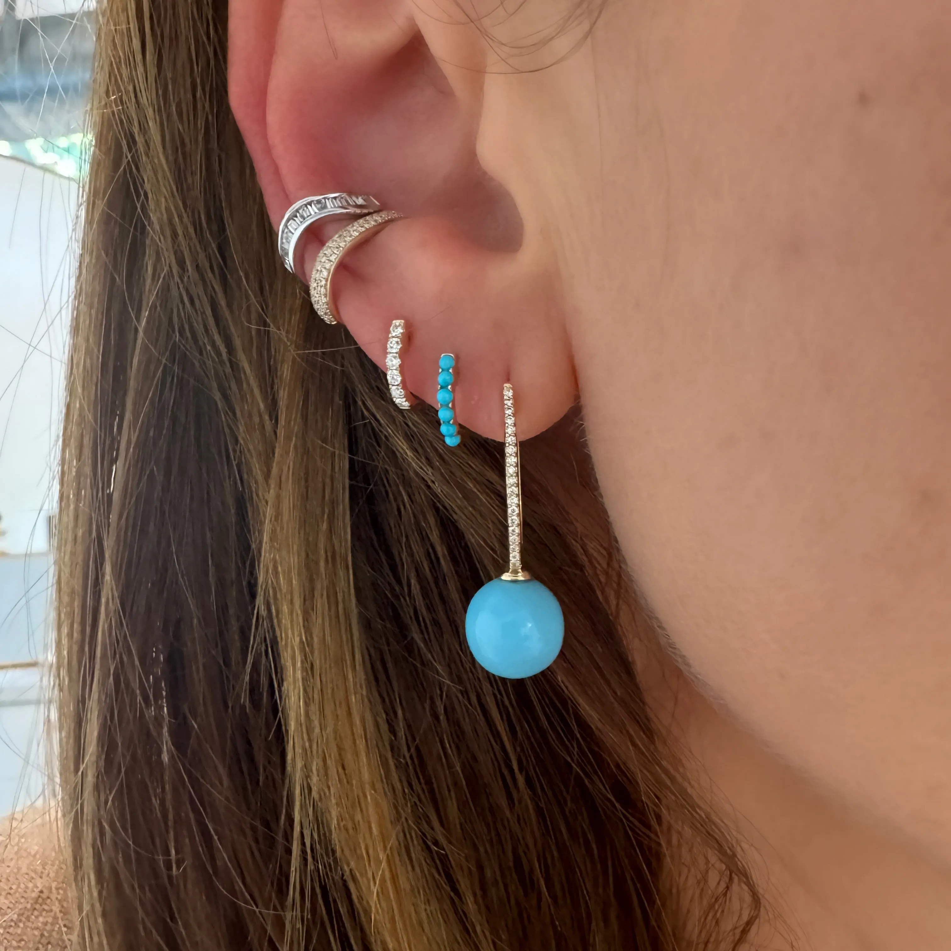 Elongated Turquoise Drop Huggie Hoop Earrings