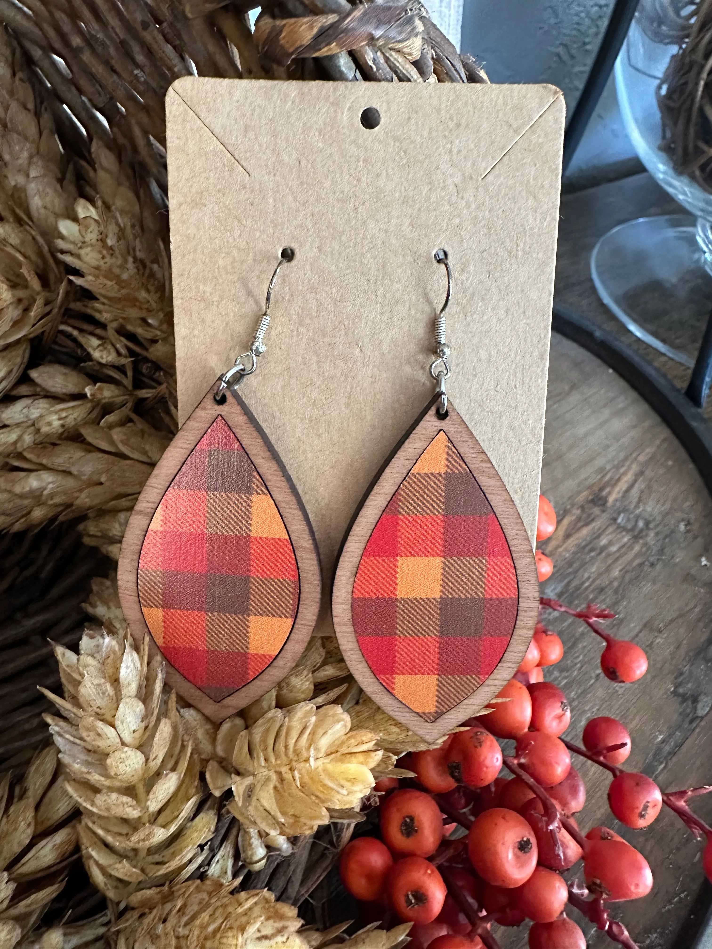 Fall Plaid & Wood Inset Teardrop Dangle Earrings