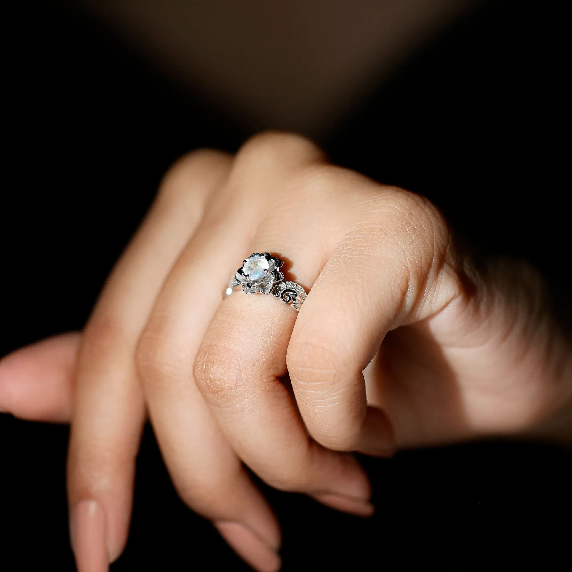 Flower Inspired Moonstone and Diamond Engagement Ring