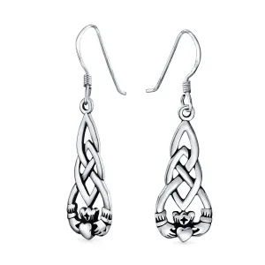 Friendship BFF Heart Irish Celtic Claddagh Dangle Earrings .925 Silver Fish Hook