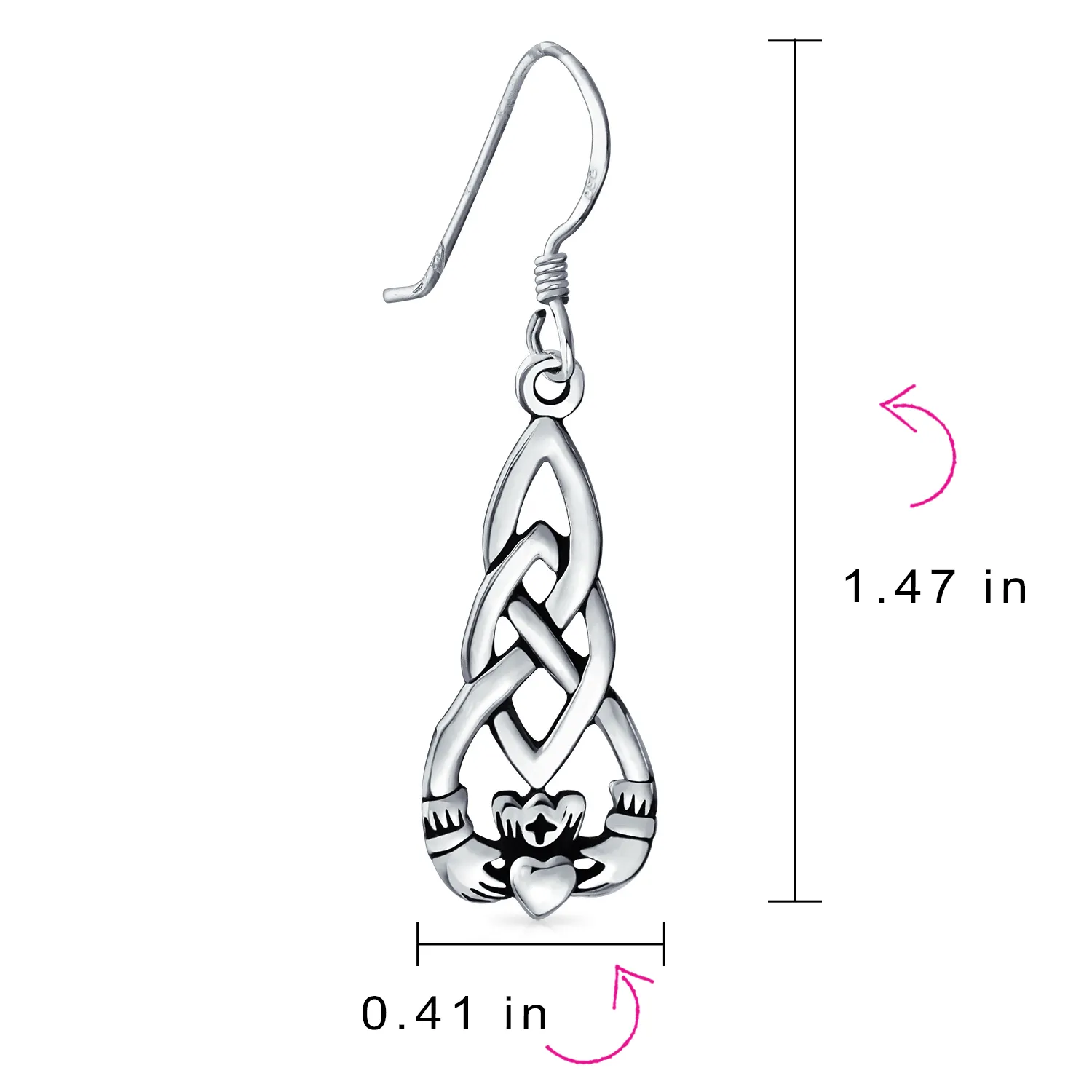 Friendship BFF Heart Irish Celtic Claddagh Dangle Earrings .925 Silver Fish Hook