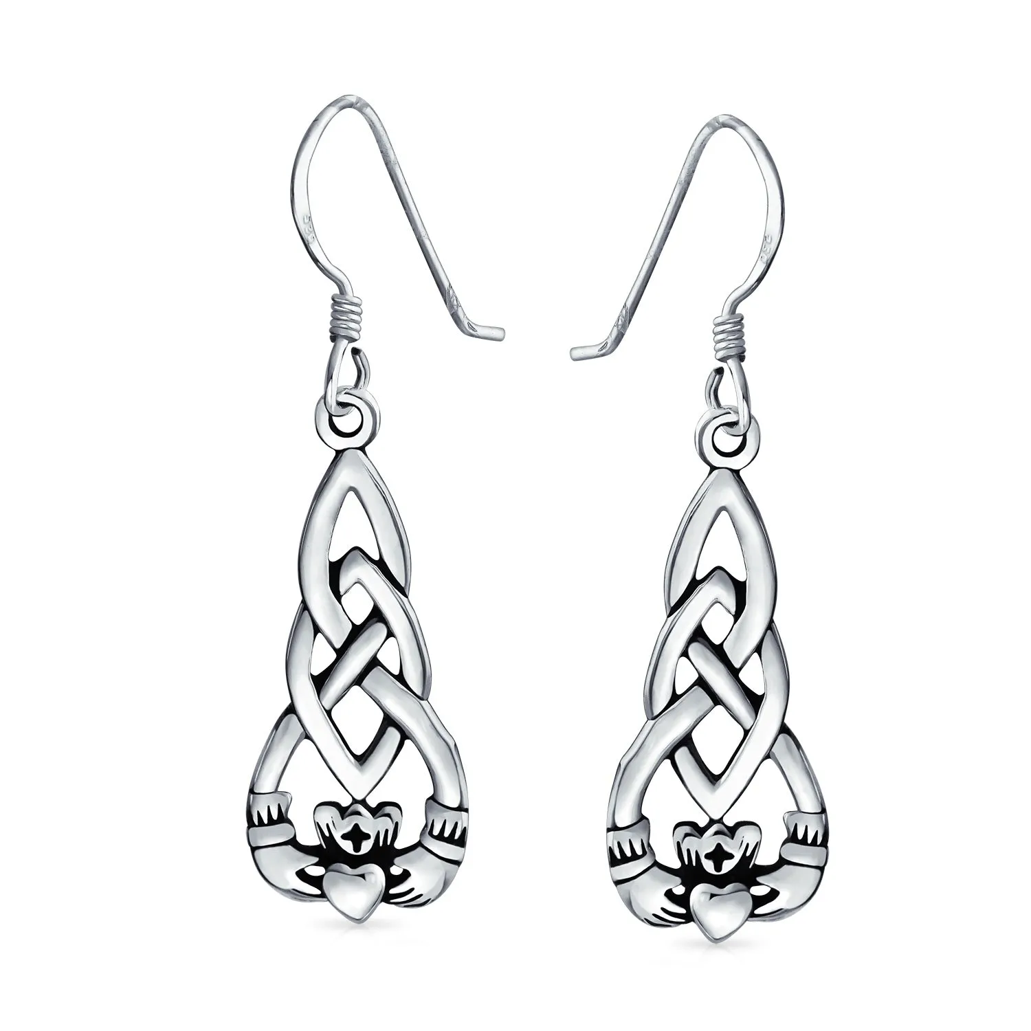 Friendship BFF Heart Irish Celtic Claddagh Dangle Earrings .925 Silver Fish Hook