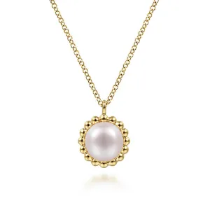 Gabriel & Co 14K Yellow Gold Round Pearl Pendant Necklace with Bujukan Beaded Frame