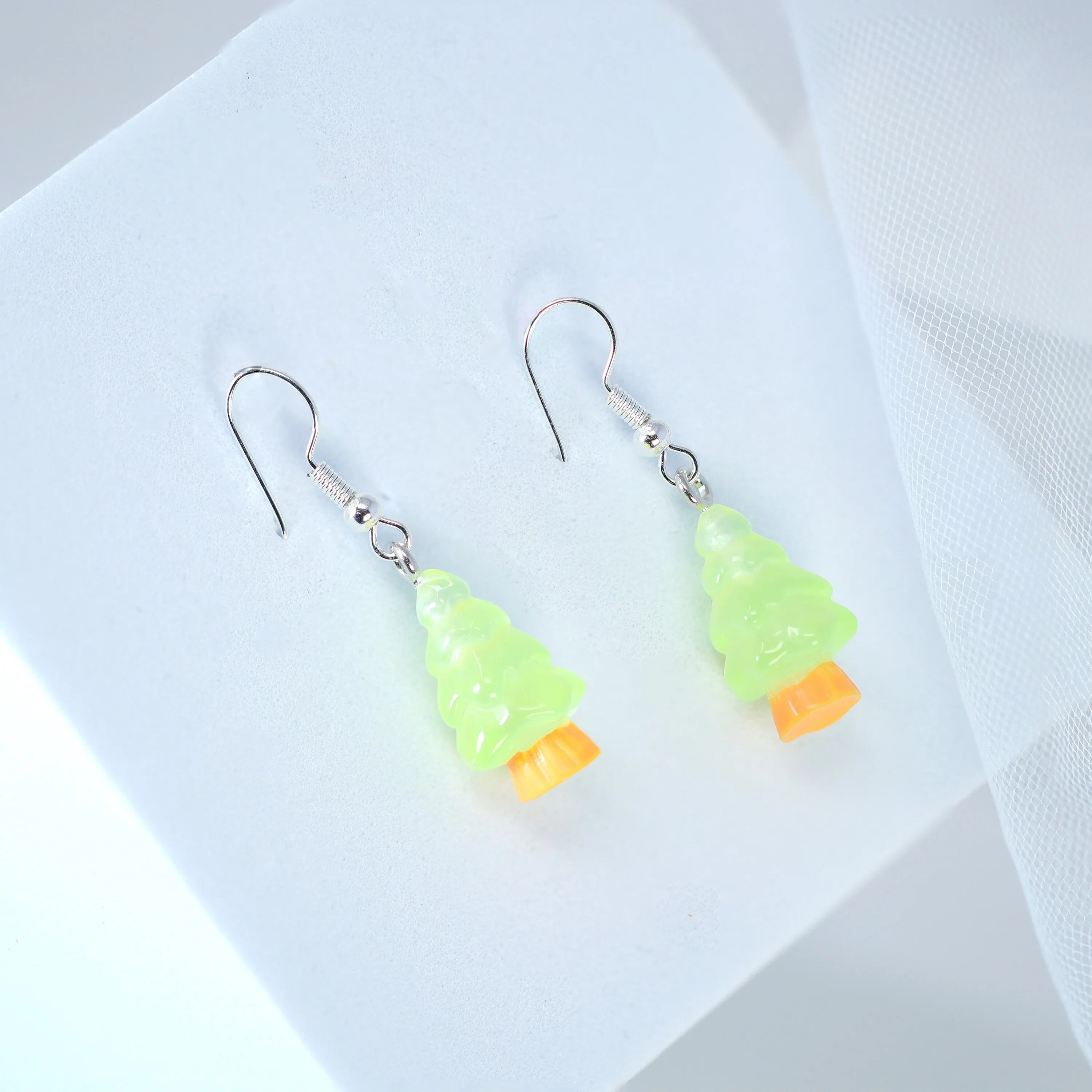 Glow In Dark Minimalist Neon Green Christmas Tree Dangle Earrings, Crystal Tree Earring, Statement Christmas Earring.