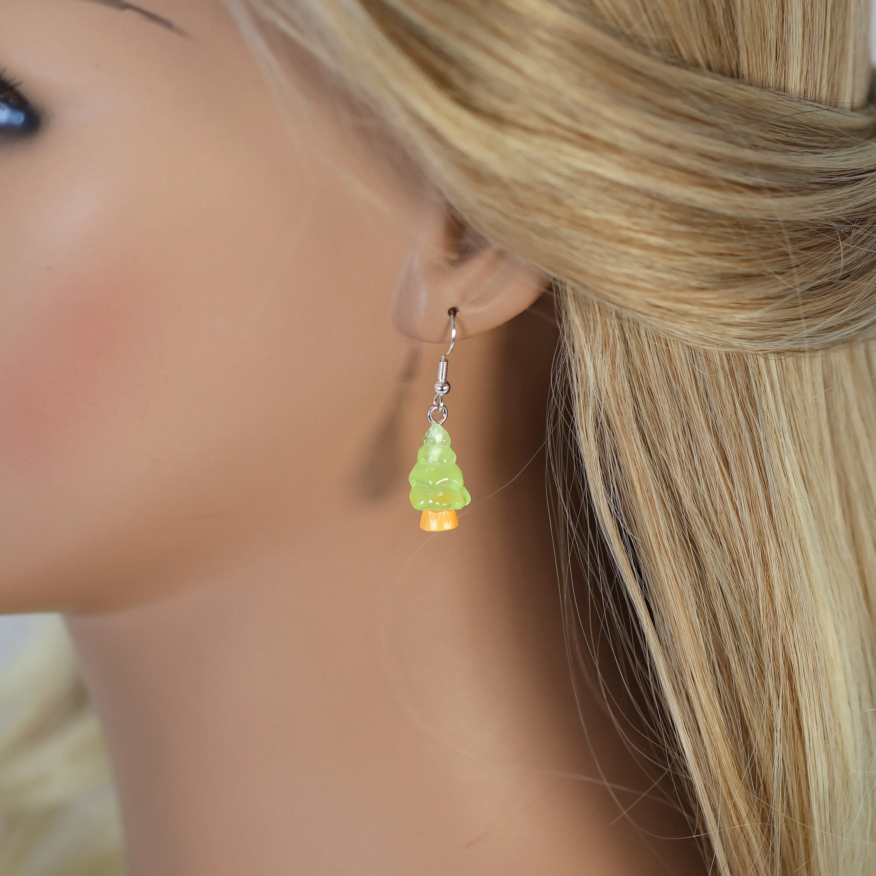 Glow In Dark Minimalist Neon Green Christmas Tree Dangle Earrings, Crystal Tree Earring, Statement Christmas Earring.