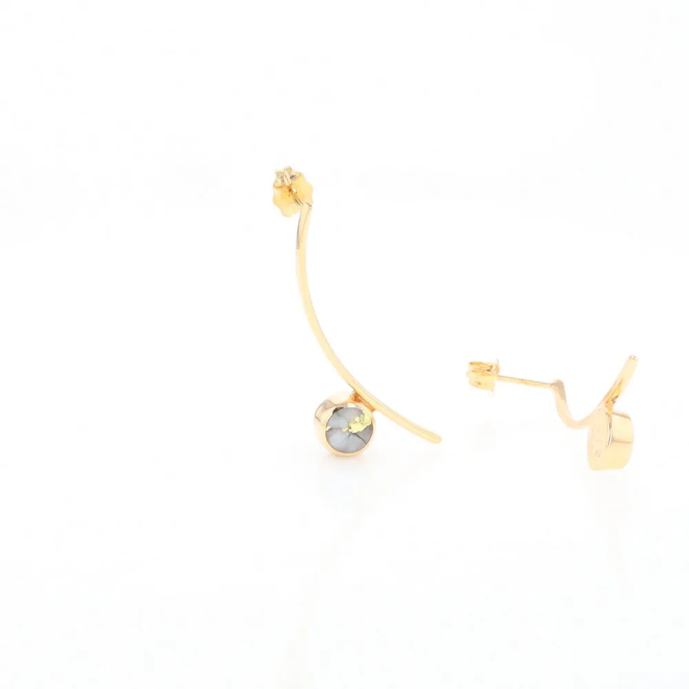 Gold Quartz Earrings Round Inlaid Curved Bar Design