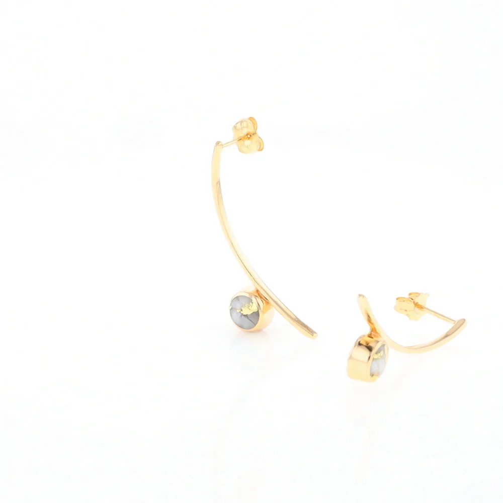 Gold Quartz Earrings Round Inlaid Curved Bar Design