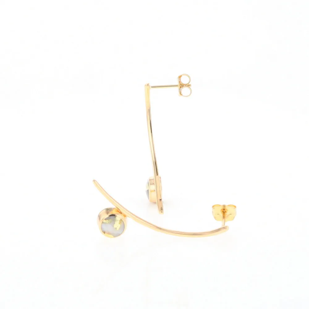 Gold Quartz Earrings Round Inlaid Curved Bar Design