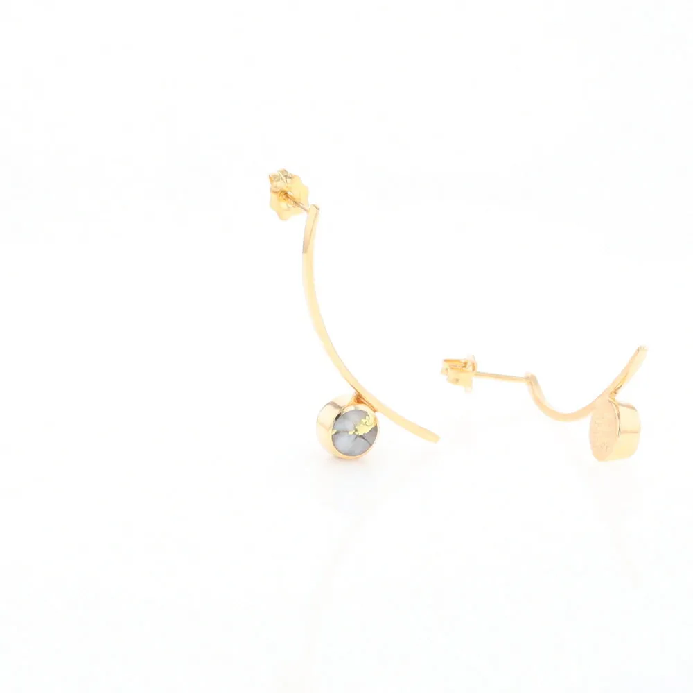 Gold Quartz Earrings Round Inlaid Curved Bar Design