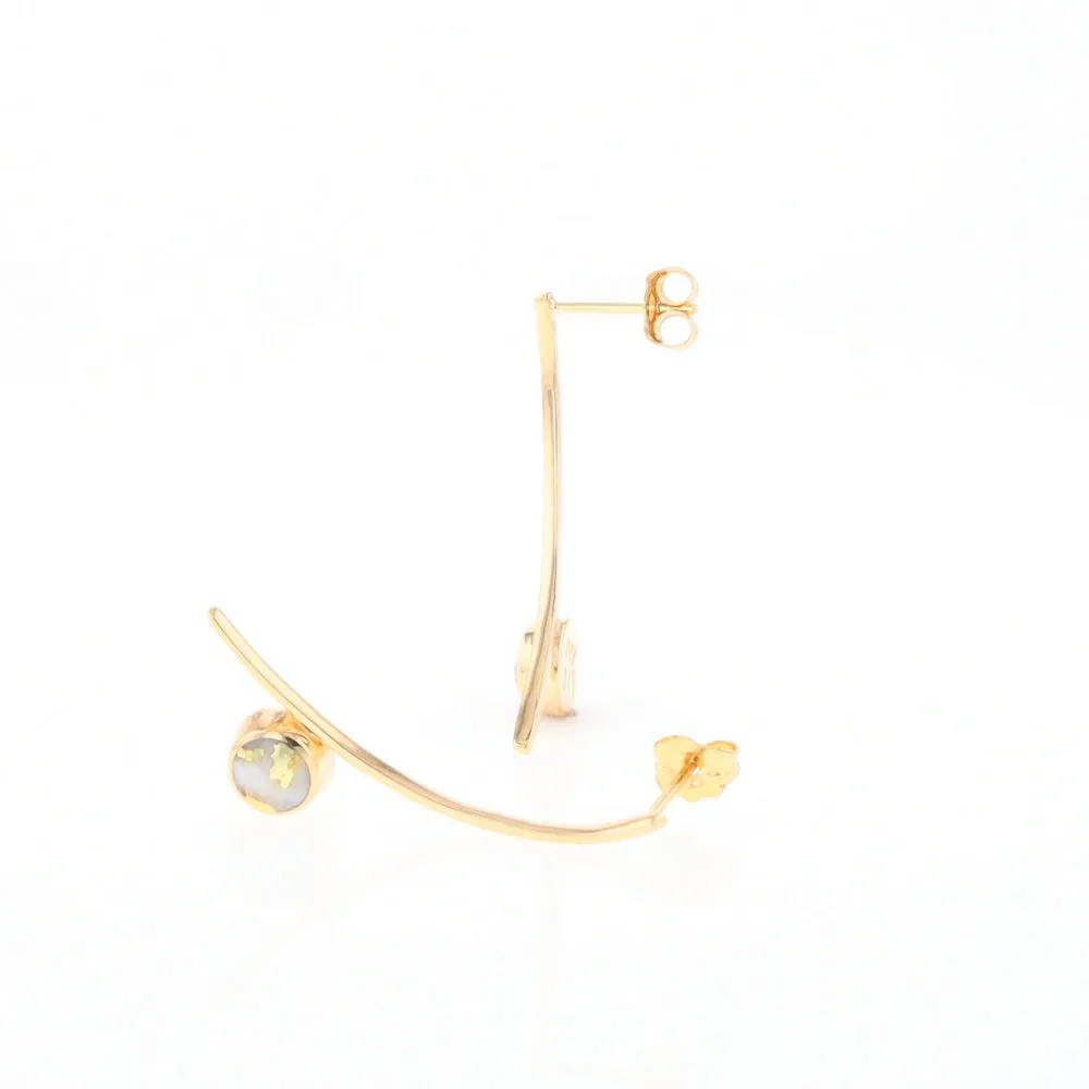 Gold Quartz Earrings Round Inlaid Curved Bar Design