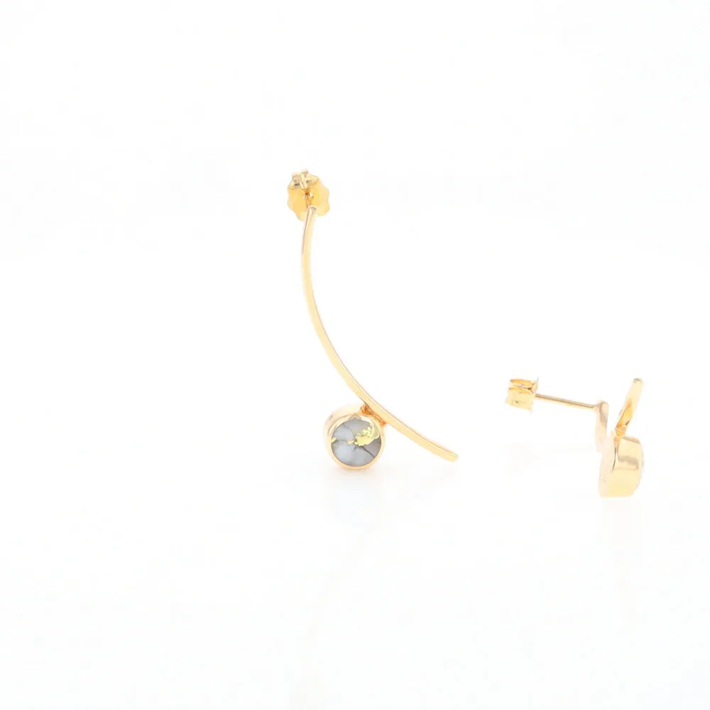 Gold Quartz Earrings Round Inlaid Curved Bar Design