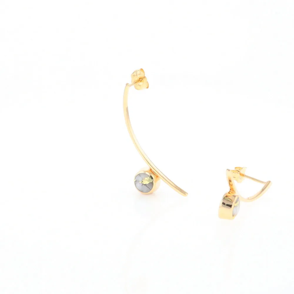 Gold Quartz Earrings Round Inlaid Curved Bar Design