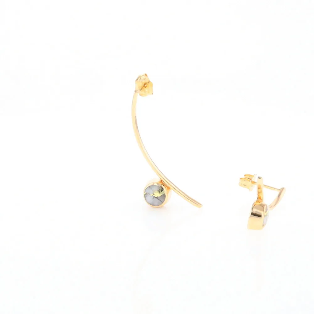 Gold Quartz Earrings Round Inlaid Curved Bar Design