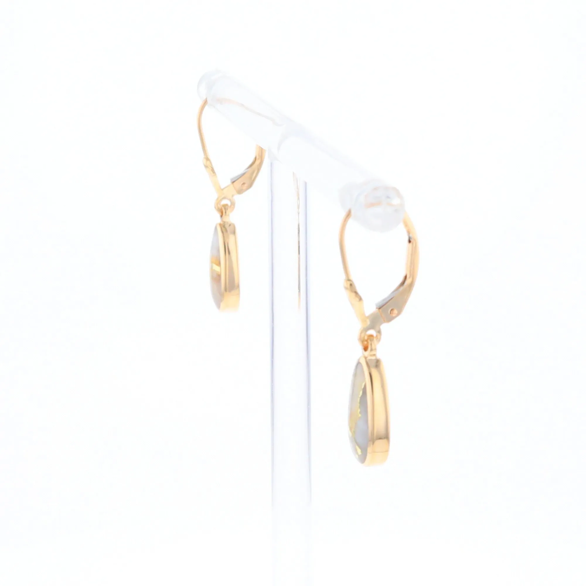 Gold Quartz Earrings Tear Drop Inlaid Lever Backs