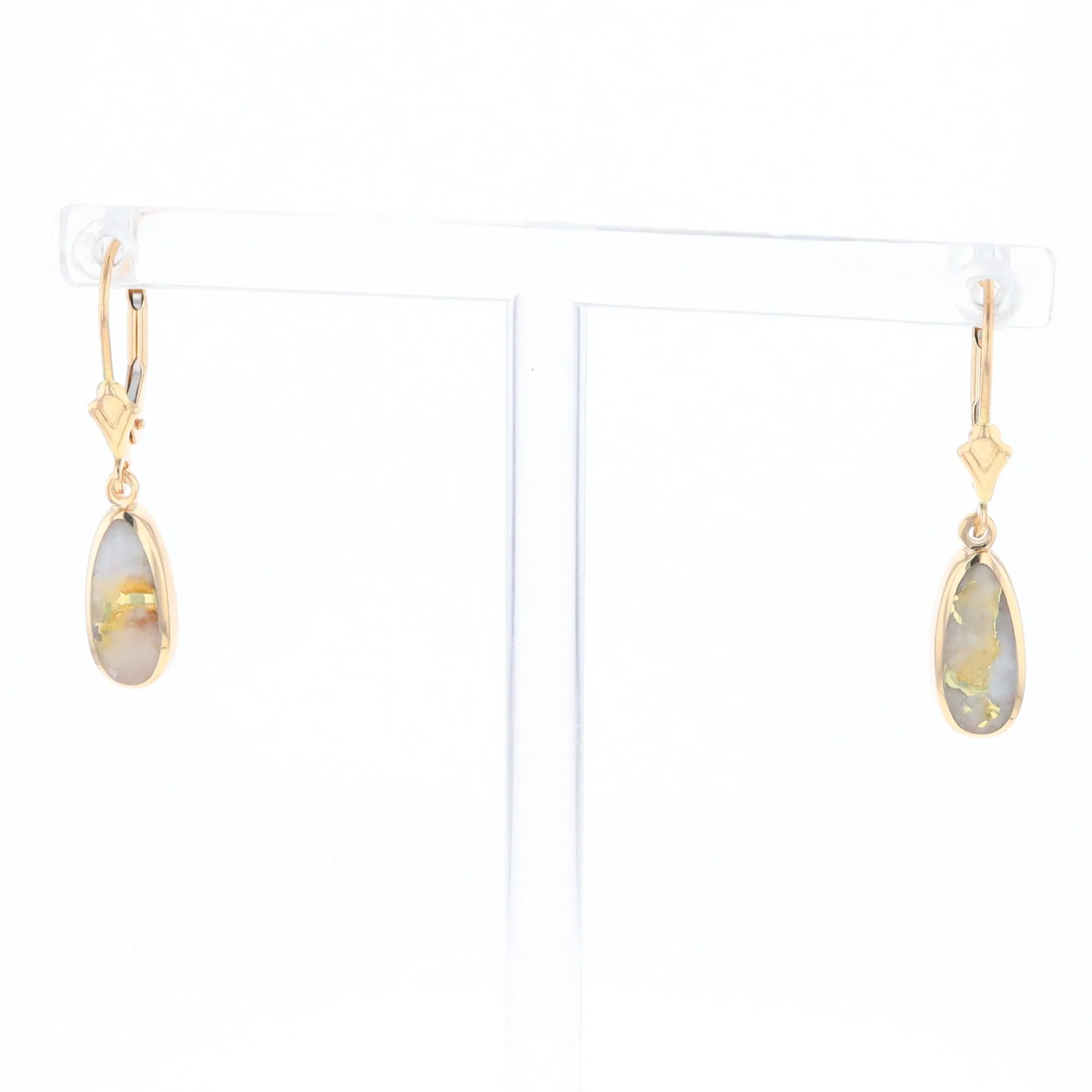 Gold Quartz Earrings Tear Drop Inlaid Lever Backs